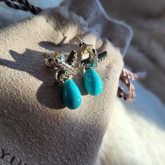 Vintage/Rare David Yurman Teardrop Turquoise & Diamond Stud Earrings SS & 18k ✨️ - Picture 2 of 9